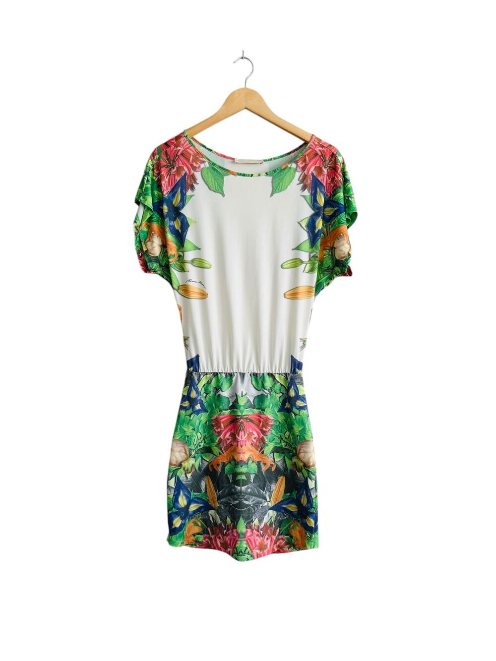 Morena Rosa Brazilian Tropical Floral Printed Logo Blouson Short Sleeve Dress XS